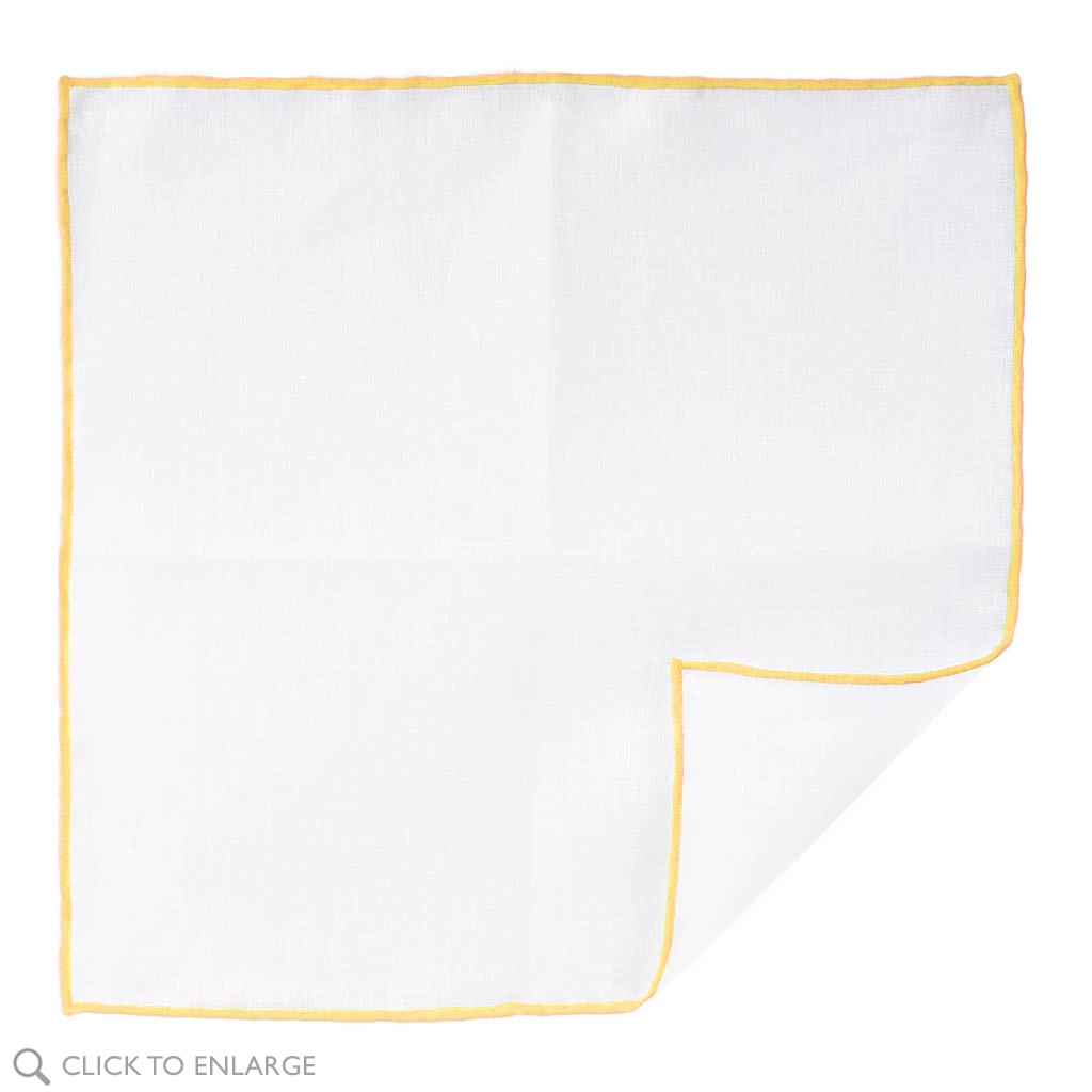 White Linen Pocket Square with yellow Hand Rolled Edge Made In Italy 
