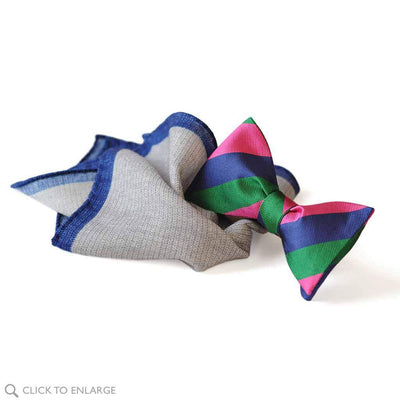 gray wool pocket square with striped bow tie.