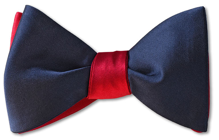 red and navy silk satin mens bow tie