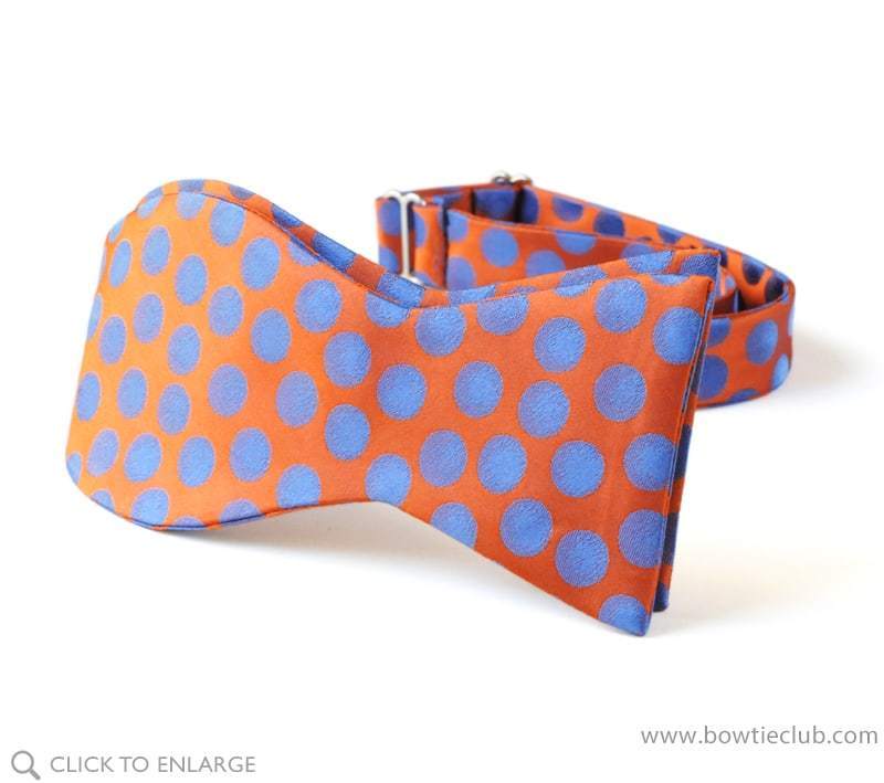 pretied ornage and blue woven polka dot bow tie