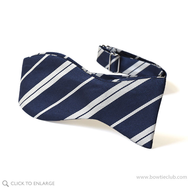 Pretied white and navy stripe woven silk bow tie