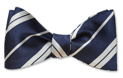Pretied white and navy stripe woven silk bow tie