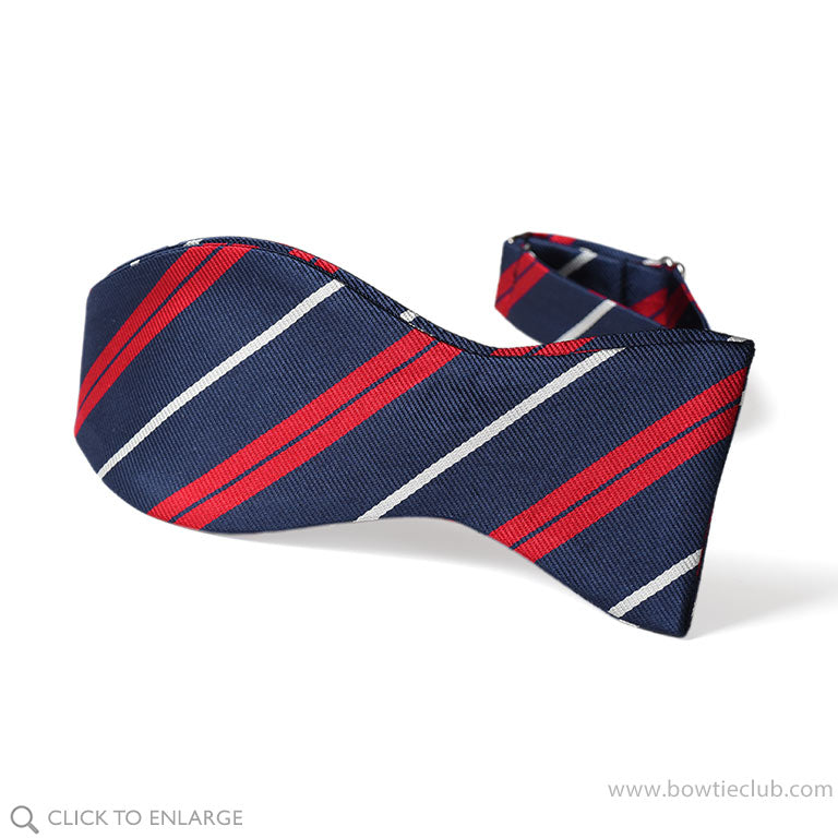 Pretied men's bow tie woven in navy, white and red stripes
