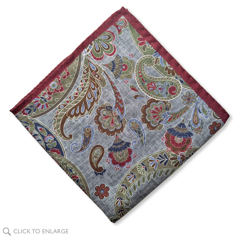 Double sided Italian silk pocket square in grey and burgundy