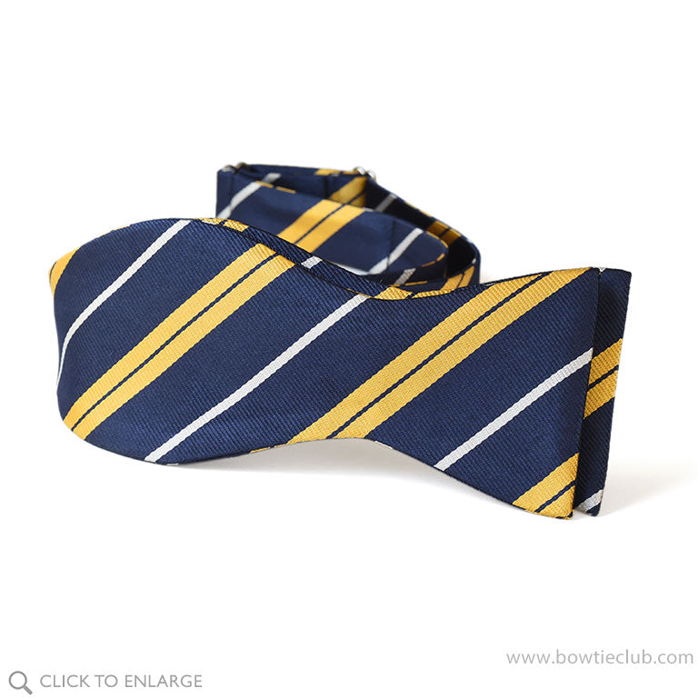 Pre-tied Gold, White and Navy stripe silk woven zoom bow tie