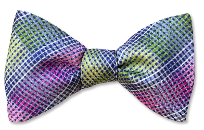 Copenhagen Silk Plaid Bow Tie in Green, White, Blue and Pink.