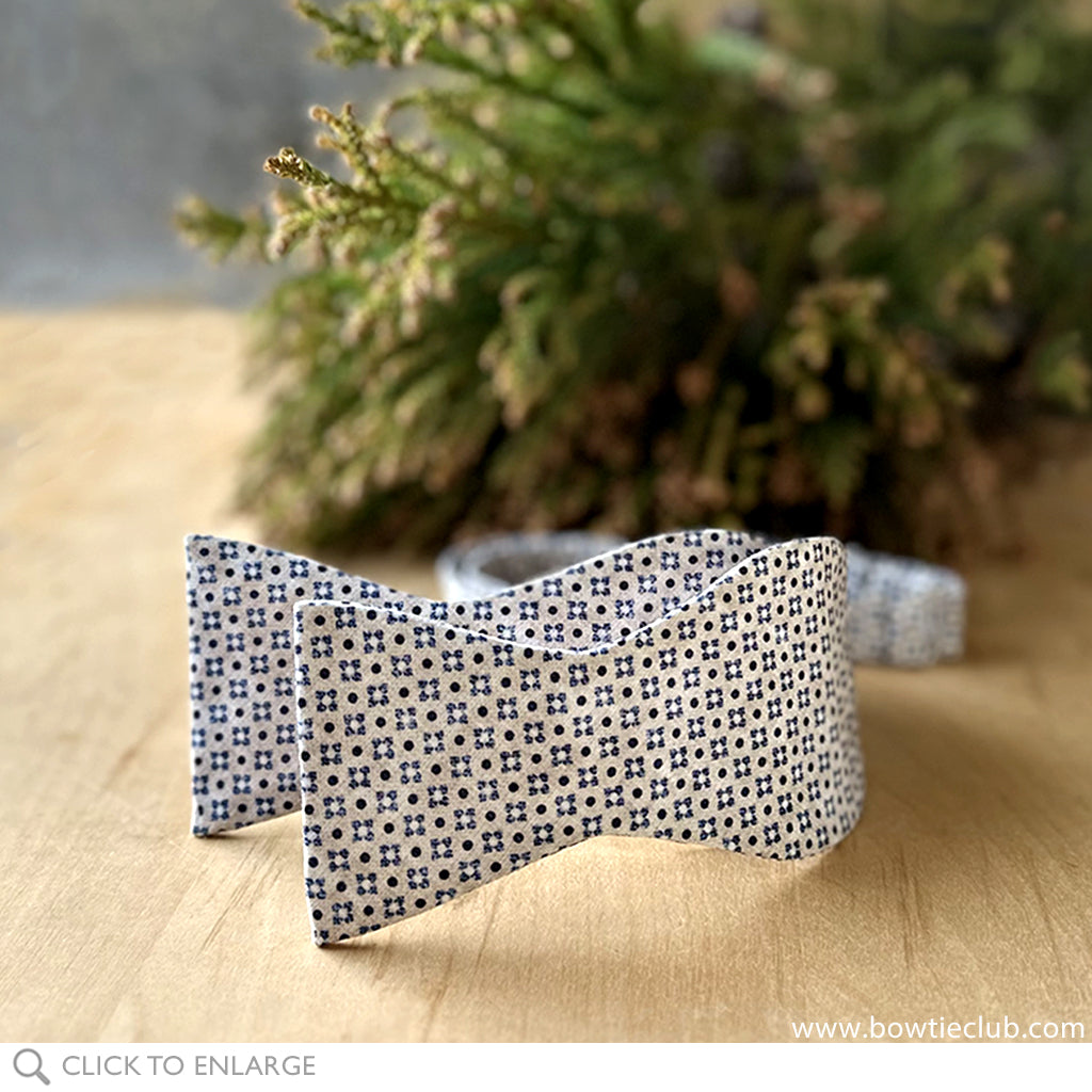 Delft White Cotton Bow Tie Made By The Bow Tie Club with pine branches