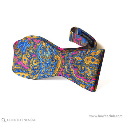 Vivid pink paisley gold floral silk italian  self tie pre-tied bow tie