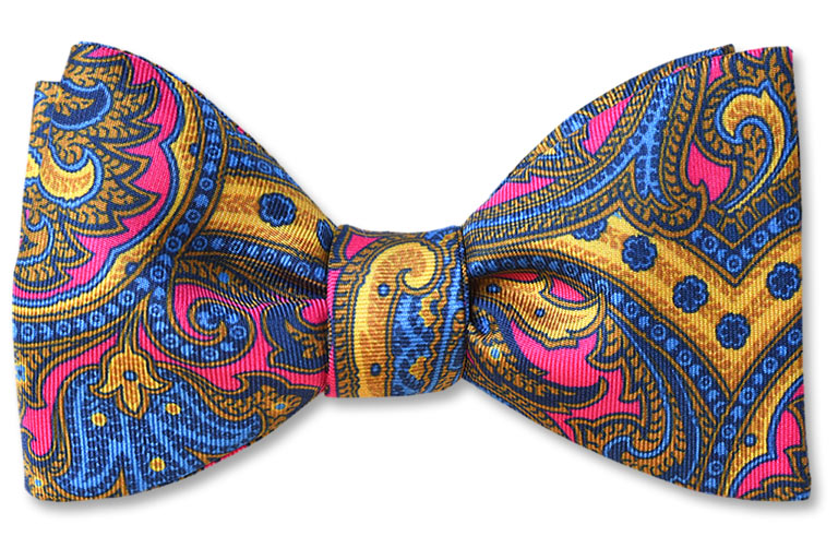 Vivid pink paisley gold floral silk italian bow tie