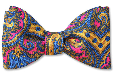 Vivid pink paisley gold floral silk italian bow tie