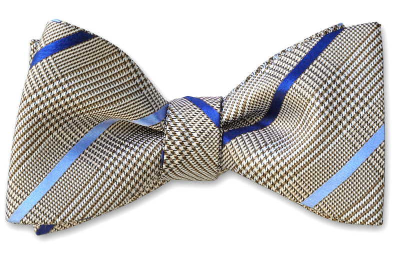Brown Glen plaid mens bow tie with stripes of blue