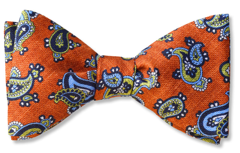 Orange Paisley Italian Silk Bow Tie. Self-tie, Pre-tied, Big and Tall, Longer shorter neckband, larger bow ties.