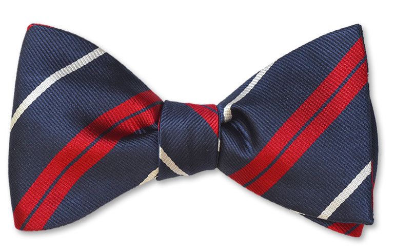 Pretied men's bow tie woven in navy, white and red stripes