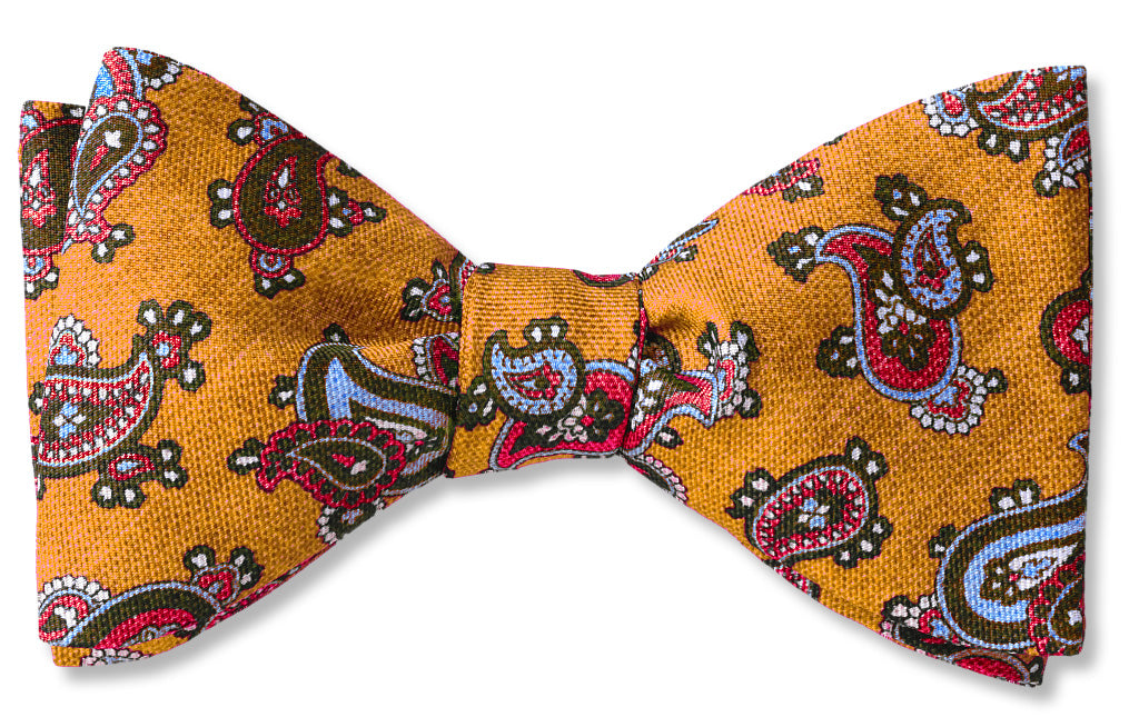 Amber gold paisley Italian silk bow tie. American Made.