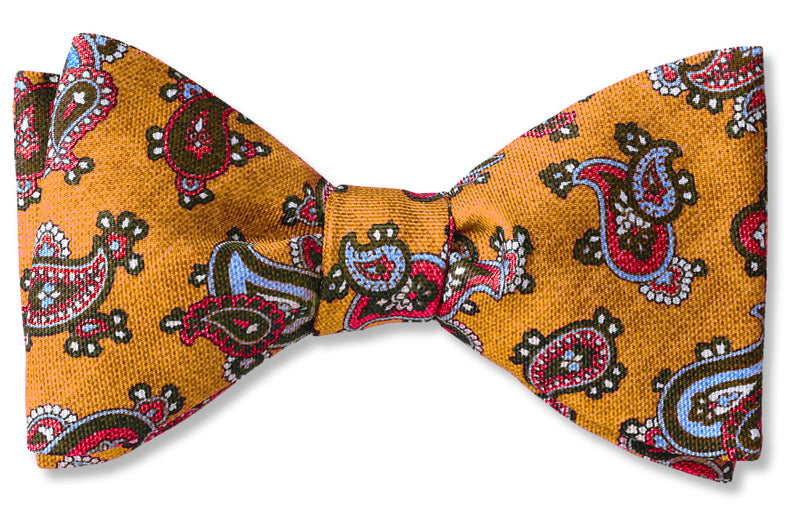 Amber gold paisley Italian silk bow tie. American Made.