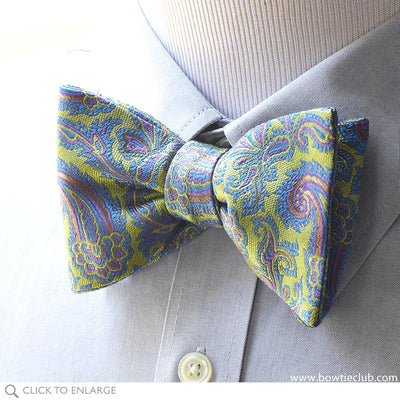 Pre-tied Lime Green Blue Paisley Woven Silk Bow Tie