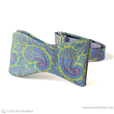 Self-tie Lime Green Blue Paisley Woven Silk Bow Tie