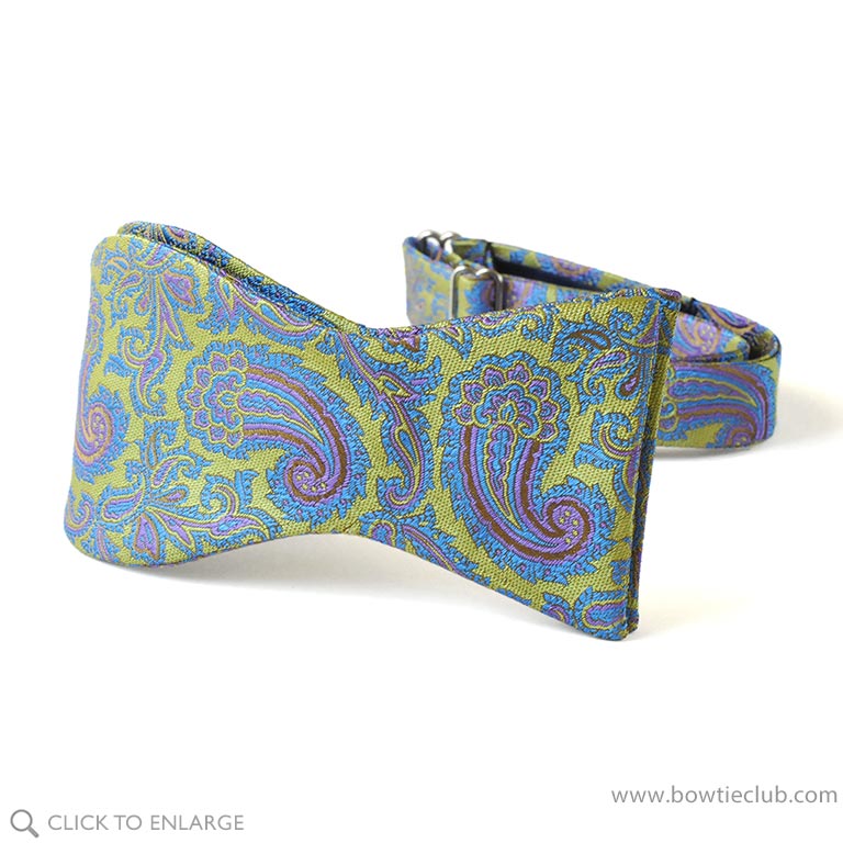 Lime Green Blue Paisley Woven Silk Bow Tie