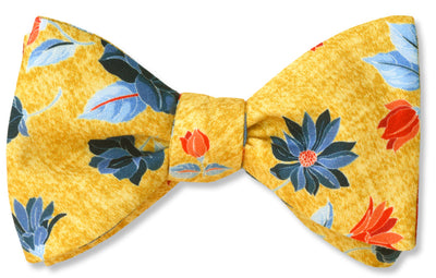 Pre-tied Yellow floral cotton bow tie made in america from italian cotton