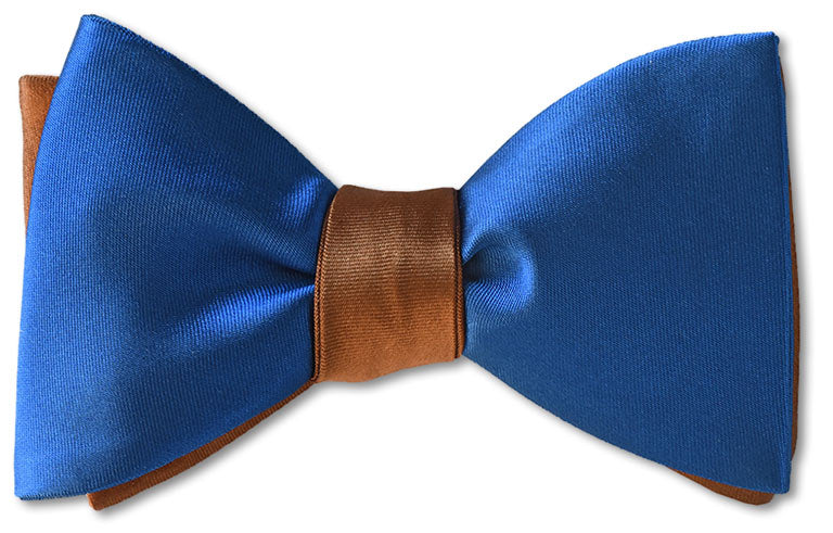 brown and blue silk satin mens bow tie