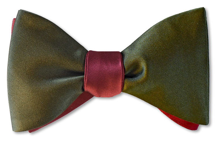 Army green and burgundy reversible silk satin mens bow ties