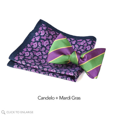 Purple Paisley Pocket Square and Mardi Gras bow tie set