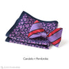 Purple Paisley pocket square and stripe bow tie in purple black and red