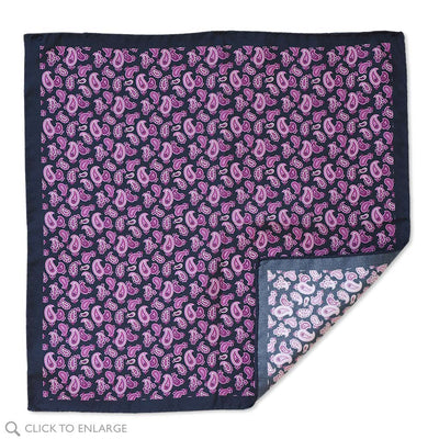 Made in Italy Purple Paisley pocket square on navy background