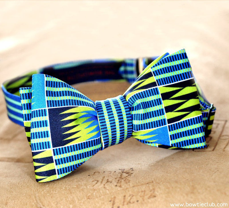 Cavalla Lime Green Black and Blue Kente Cloth Inspired Bow Tie