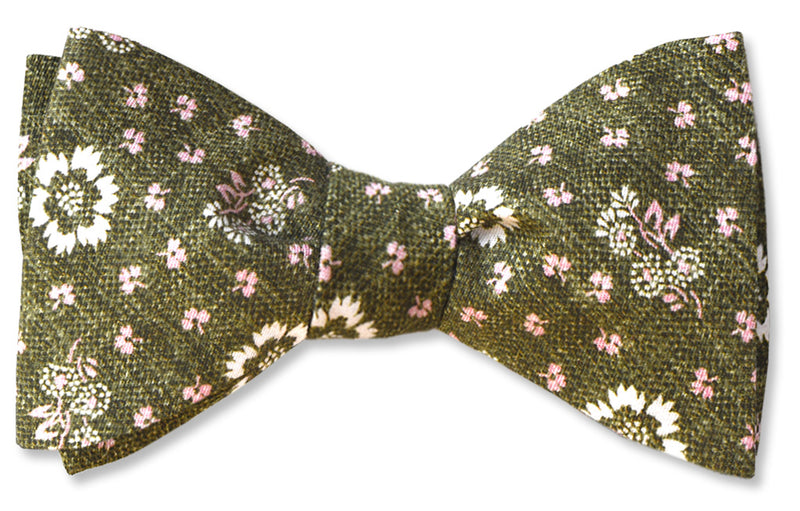 Olive Green floral cotton bow tie