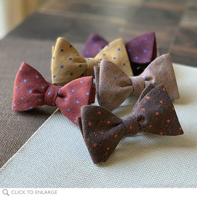 5 bow ties for men made from linen silk and wool.