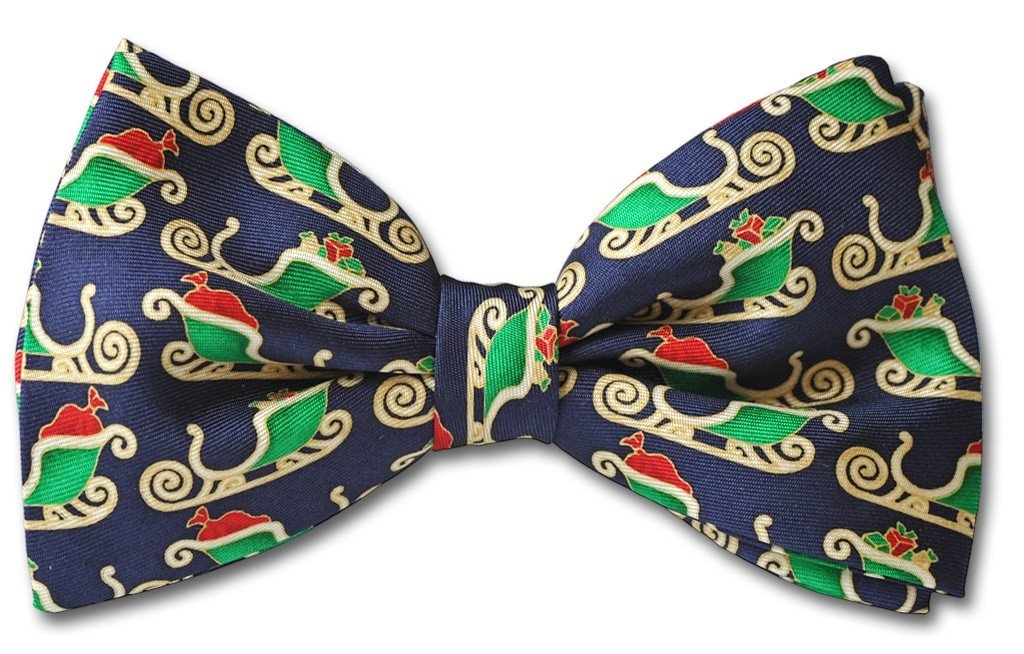 Blue Christmas Santa Sleigh Clip-on Bow Tie