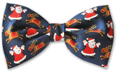 Blue Christmas Santa Reindeer Clip-on Bow Tie