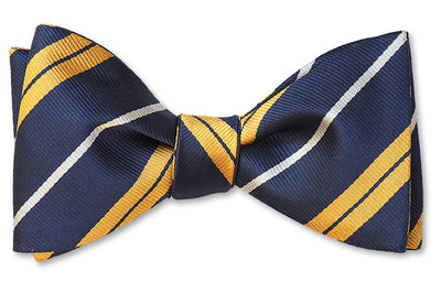 Pre-tied Gold, White and Navy stripe silk woven zoom bow tie