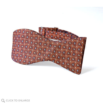 Self tie Copper Tree bow tie with teardrops of brown, white and yellow and blue
