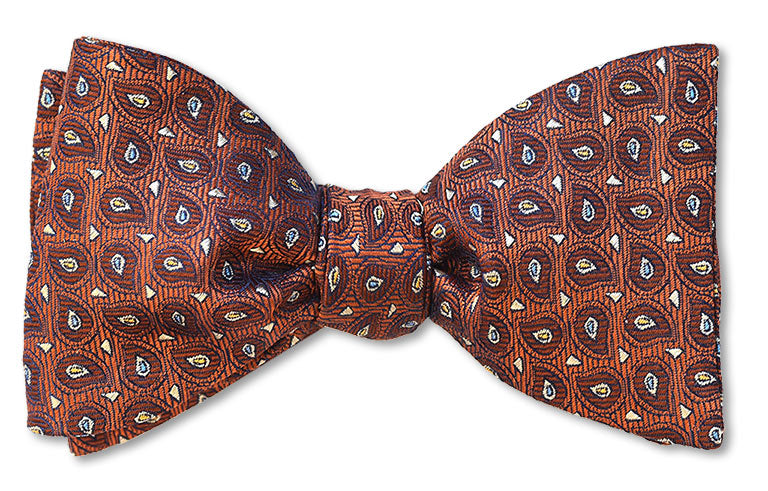 Pre-tied Copper Tree bow tie with teardrops of brown white and yellow