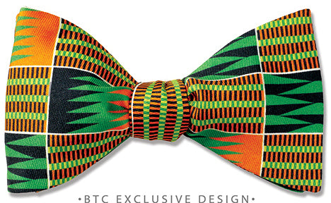 Ghana Kente Cloth Orange Black and Green Silk Bow Tie