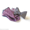 houndstooth bow tie paired with purple wool pocket square