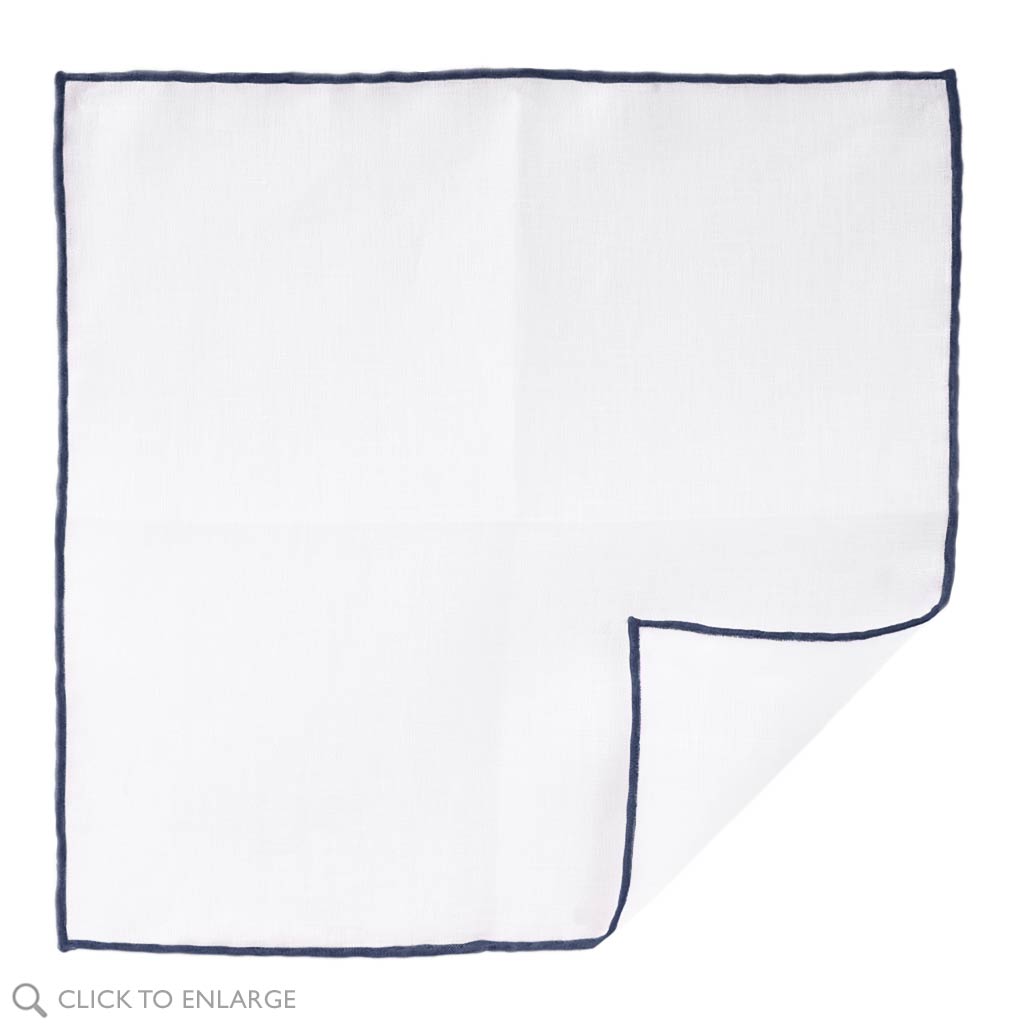 White Linen Pocket Square with Navy Hand Rolled Edge Made In Italy 