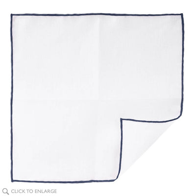 White Linen Pocket Square with Navy Hand Rolled Edge Made In Italy