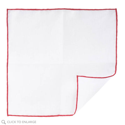 White Linen Pocket Square with Red Hand Rolled Edge Made In Italy