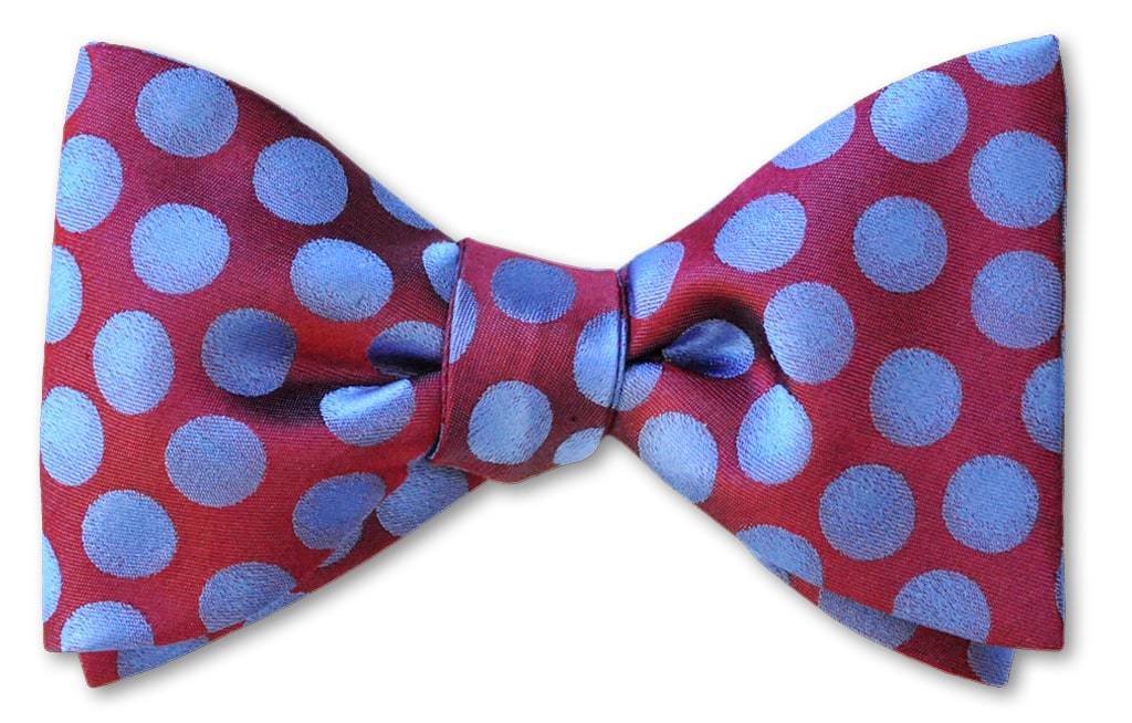 Burgundy and Blue Polka Dots Silk Bow Tie