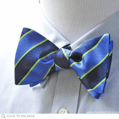 Pre tied Blue Repp Triple Stripe Woven Silk bow tie on shirt