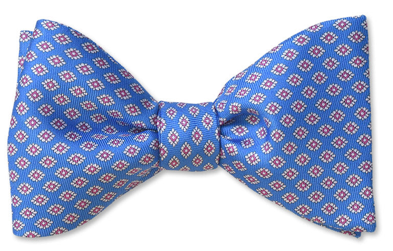 Italian Silk Light Blue Silk Bow Tie With White Florets