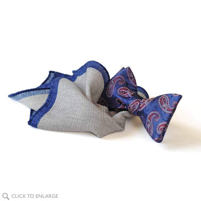 gray wool pocket square with blue bow tie