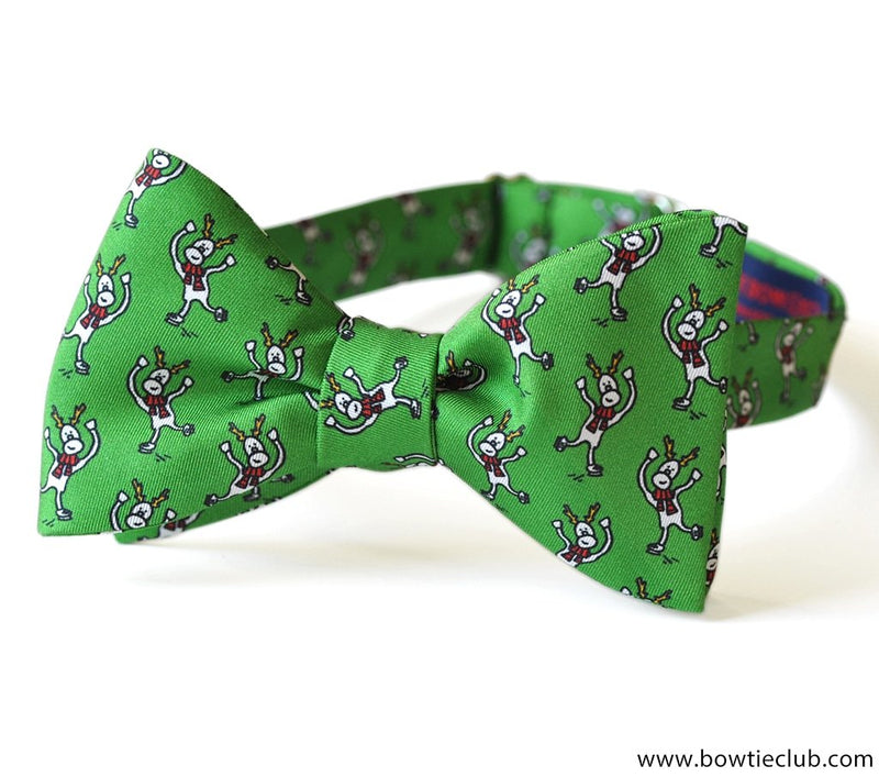 Prancer Reindeer Christmas Bow Tie In Green pre-tied