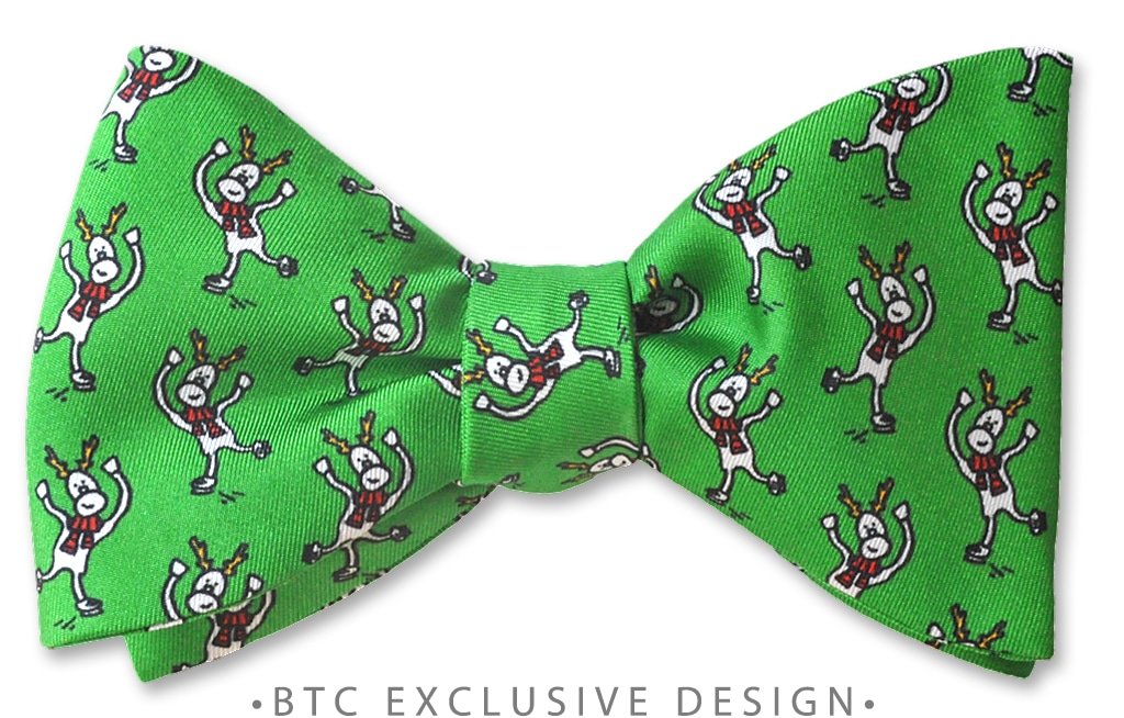 Prancer Reindeer Christmas Bow Tie In Green pre-tied