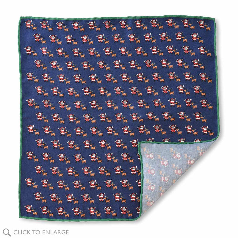 Christmas silk Mens Pocket Square in Blue with Santa and Rudolph