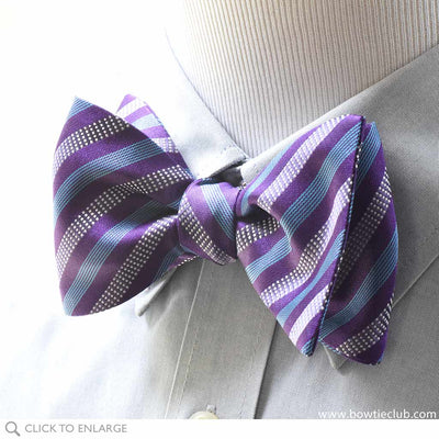 Purple Stripe bow tie on blue shirt