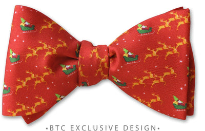 Christmas Santa and Sleigh Red Holiday Bow Tie pre-tied
